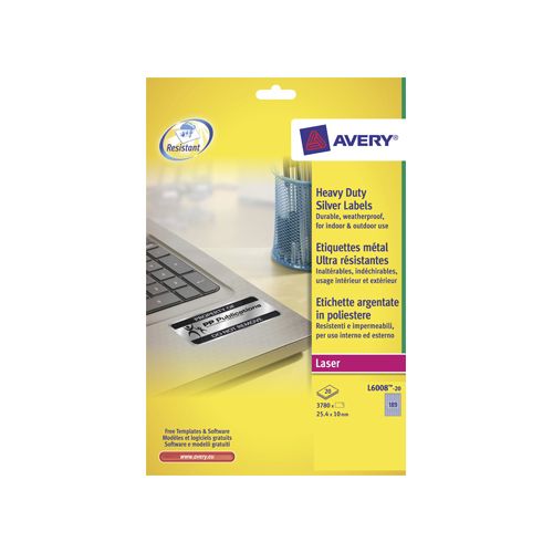 Avery Zweckform Avery ultra-sterke zilverkleurige etiketten ft 24,5 x 10 mm (b x h), 3.780 stuks, 189 per blad