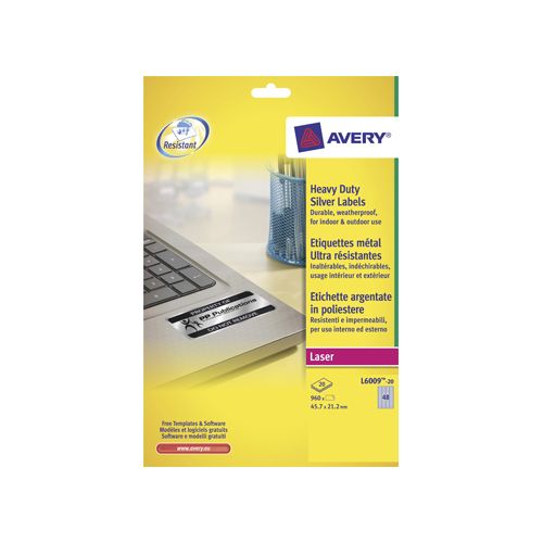 Avery Zweckform Avery ultra-sterke zilverkleurige etiketten ft 45,7 x 21,2 mm (b x h), 960 stuks, 48 per blad