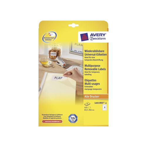 Avery Zweckform Avery Zweckform L6023REV-25 afneembare etiketten ft 63,5 x 38,1 mm (b x h), 525 etiketten, wit