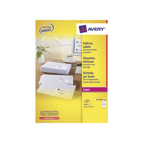 Avery Avery L7159, Adresetiketten, Laser, Ultragrip, wit, 100 vellen, 24 per vel, 63,5 x 33,9 mm