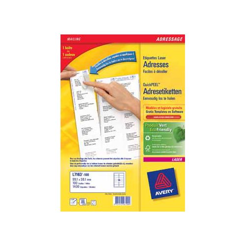 Avery Avery L7159, Adresetiketten, Laser, Ultragrip, wit, 40 vellen, 24 per vel, 63,5 x 33,9 mm