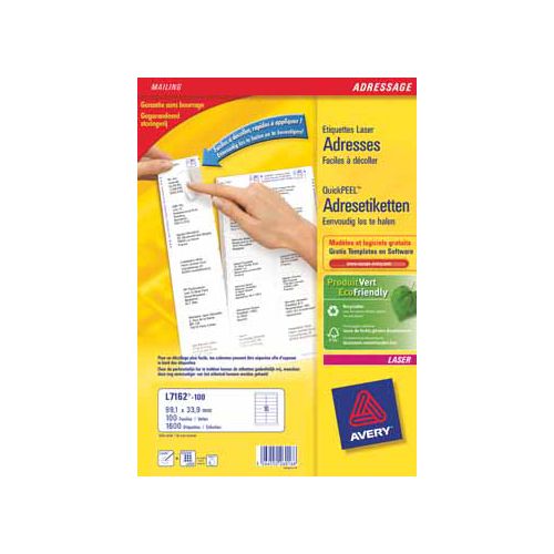 Avery Avery L7162, Adresetiketten, Laser, Ultragrip, wit, 100 vellen, 16 per vel, 99,1 x 33,9 mm