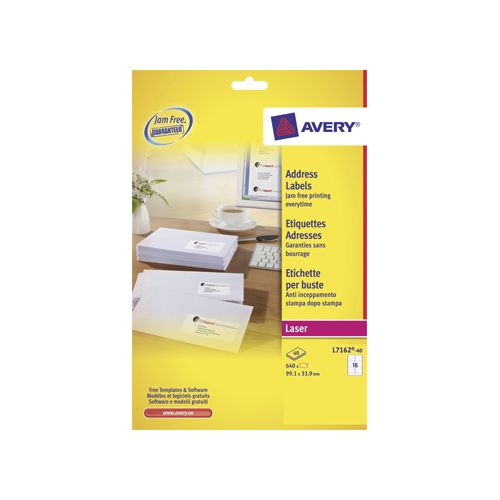 Avery Avery L7162, Adresetiketten, Laser, Ultragrip, wit, 40 vellen, 16 per vel, 99,1 x 33,9 mm