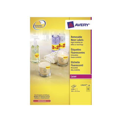 Avery Zweckform Avery afneembare neon etiketten ft 38,1 x 21,2 mm (b x h), doos van 100 blad, 6500 stuks, neongeel