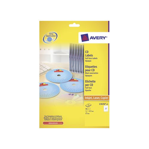 Avery Avery L7676-25 CD etiketten, diameter 117 mm, 50 etiketten, wit