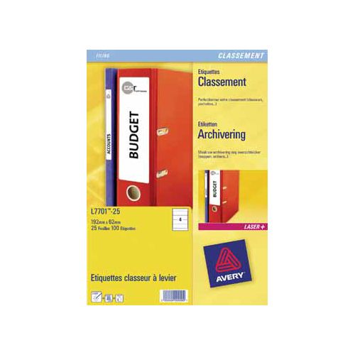 Avery Avery Zweckform L7701-25 ordnerrugetiketten ft 19,2 x 6,2 cm (b x h), 100 etiketten, wit