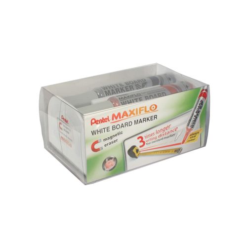 Pentel Pentel whiteboardmarker Maxiflo set van 4 stuks: blauw, rood, groen en zwart + magnetische bordwisser