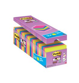 Post-It Super Sticky Post-it super Sticky notes, 90 vel, ft 76 x 76 mm, geassorteerde kleuren, pak van 21 blokken + 3 gratis