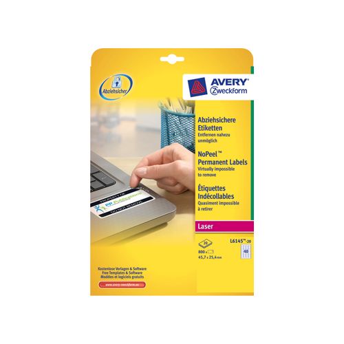 Avery Avery L6145-20 NoPeel etiketten ft 45,7 x 25,4 mm (b x h), 800 etiketten, wit