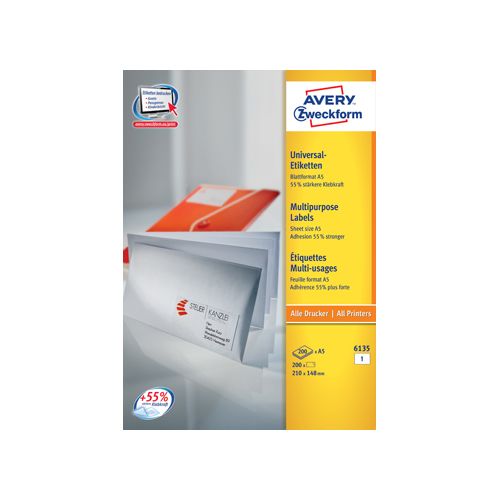 Avery Zweckform Avery universele A5 etiketten Ft 210 x 148 mm (b x h), wit, doos van 200 etiketten