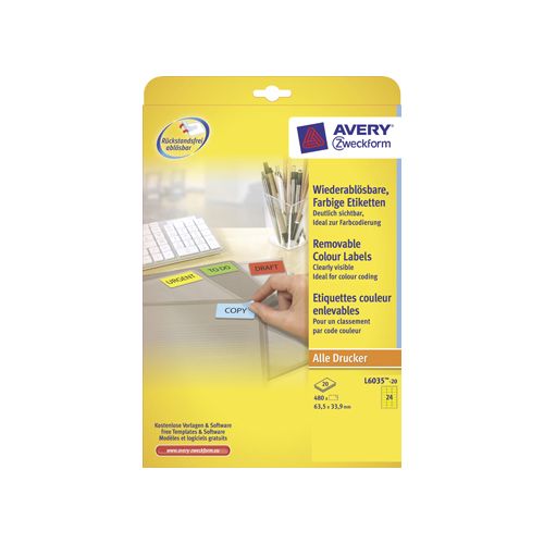 Avery Zweckform Avery afneembare gekleurde etiketten ft 63,5 x 33,9 mm (b x h), 480 stuks, 24 per blad, geel