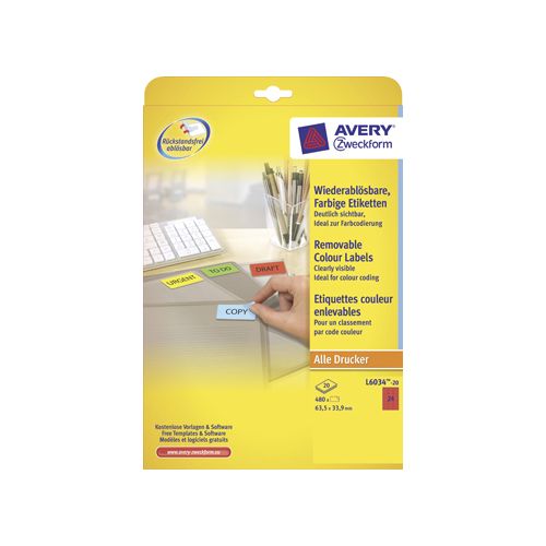 Avery Zweckform Avery afneembare gekleurde etiketten ft 63,5 x 33,9 mm (b x h), 480 stuks, 24 per blad, rood