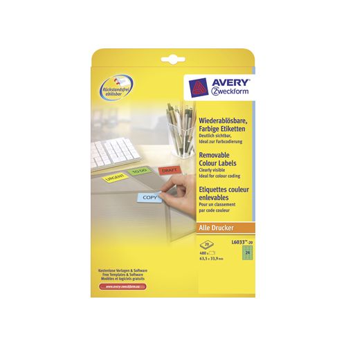 Avery Zweckform Avery afneembare gekleurde etiketten ft 63,5 x 33,9 mm (b x h), 480 stuks, 24 per blad, groen