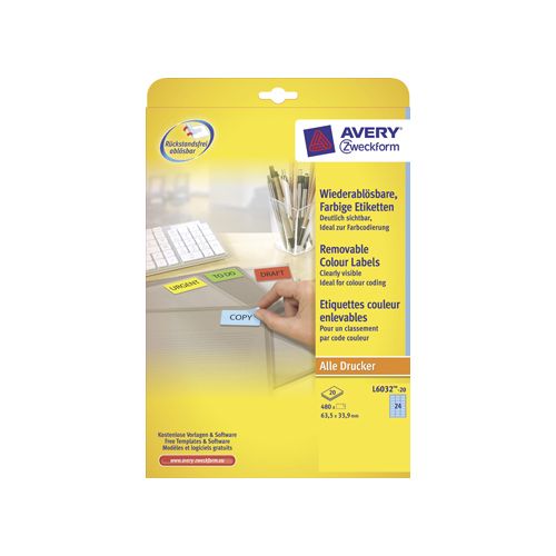 Avery Zweckform Avery afneembare gekleurde etiketten ft 63,5 x 33,9 mm (b x h), 480 stuks, 24 per blad, blauw