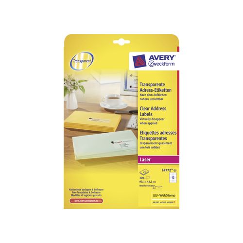 Avery Avery transparante etiketten QuickPEEL ft 99,1 x 42,3 mm (b x h), 300 stuks, 12 per blad