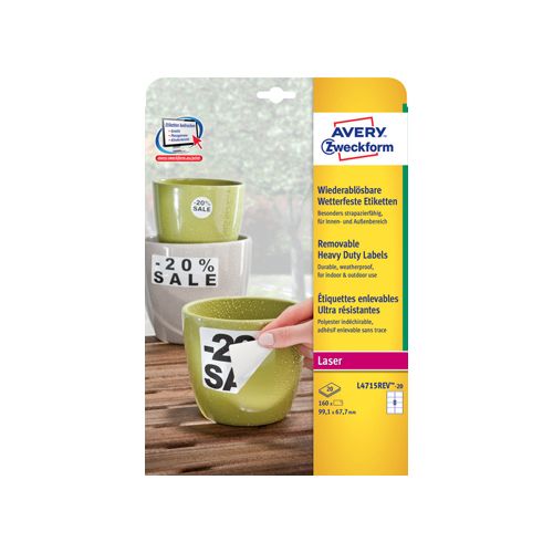 Avery Avery afneembare weerbestendige etiketten Ft 99,1 x 67,7 mm (b x h), wit, doos van 160 etiketten