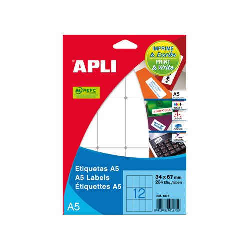 Apli Apli witte etiketten Print & Write ft 34 x 67 mm (b x h), 180 stuks, 12 per blad (1875)