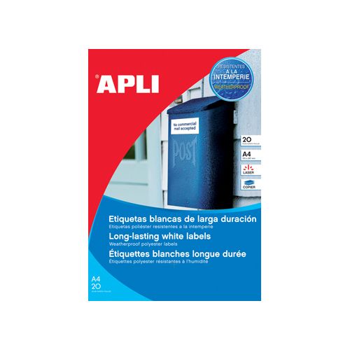 Apli Apli weerbestendige etiketten ft 210 x 297 mm (b x h), 20 stuks, 1 per blad, doos van 20 blad