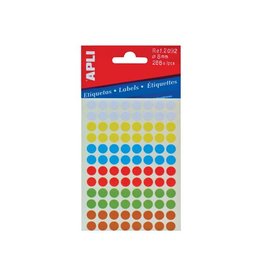 Apli Apli ronde etiketten in etui diameter 8 mm, geassorteerde kleuren, 288 stuks, 96 per blad (2092)