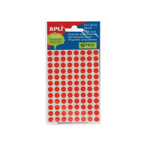 Apli Apli ronde etiketten in etui diameter 8 mm, rood, 288 stuks, 96 per blad (2046)