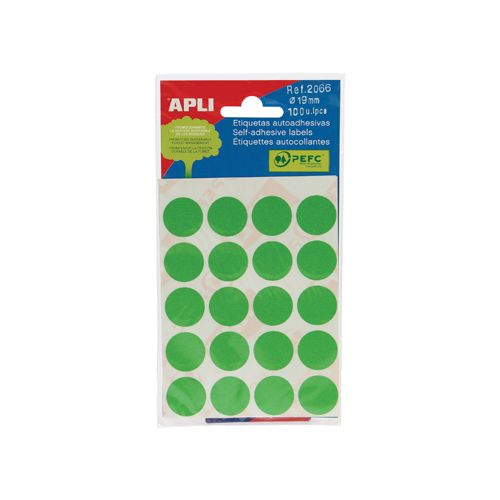 Apli Apli ronde etiketten in etui diameter 19 mm, groen, 100 stuks, 20 per blad (2066)
