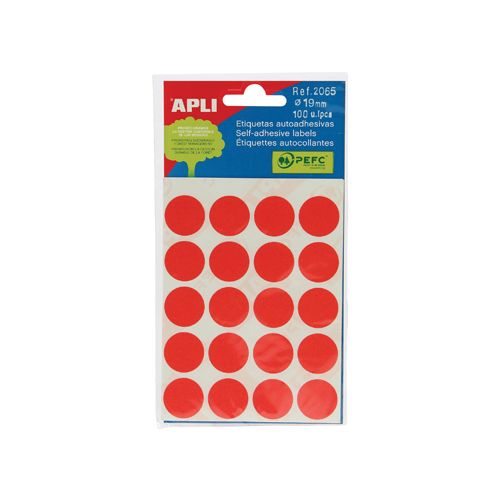 Apli Apli ronde etiketten in etui diameter 19 mm, rood, 100 stuks, 20 per blad (2065)