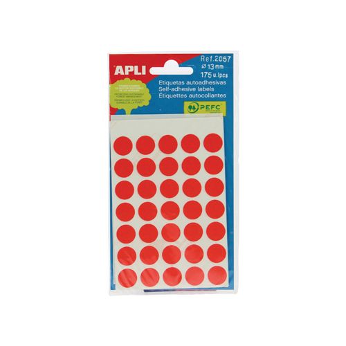 Apli Apli ronde etiketten in etui diameter 13 mm, rood, 175 stuks, 35 per blad (2057)