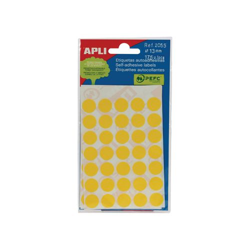 Apli Apli ronde etiketten in etui diameter 13 mm, geel, 175 stuks, 35 per blad (2055)