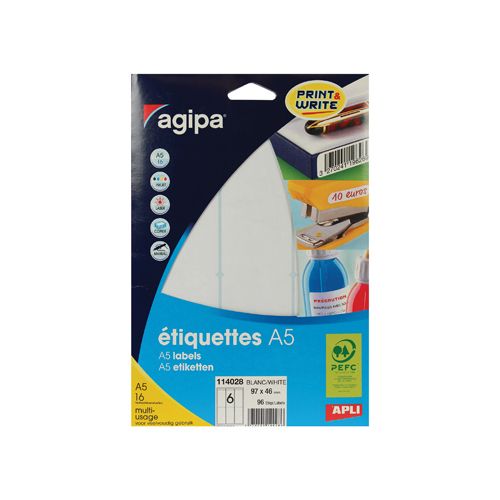Agipa Agipa witte etiketten Print & Write ft 97 x 46 mm (b x h), 96 stuks, 6 per blad