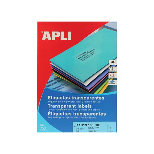 Apli Apli Transparante etiketten ft 210 x 297 mm (b x h), 100 stuks, 1 per blad, doos van 100 blad