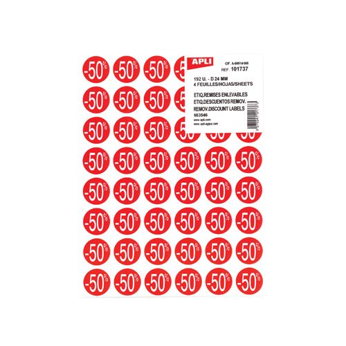 Apli Agipa Kortinglabel -50%, rood, pak van 192 stuks, verwijderbaar