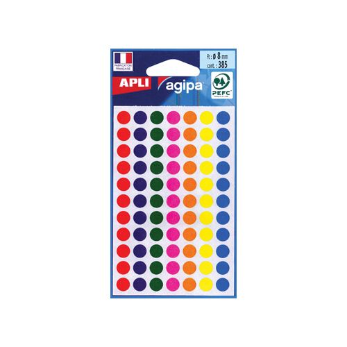 Agipa Agipa ronde etiketten in etui diameter 8 mm, geassorteerde kleuren, 385 stuks, 77 per blad