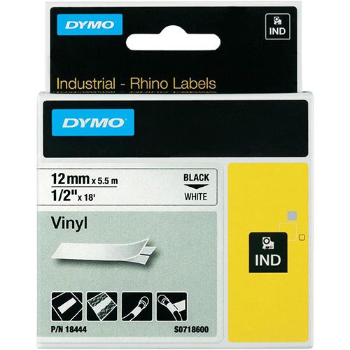 Dymo Dymo RHINO vinyltape 12 mm, zwart op wit [5st]