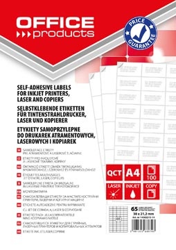 Office Products OFFICE products etiketten, wit, rechte hoeken, 100 vel, 38 x 21,2 mm, 65 etiketten per vel