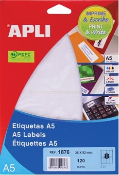 Apli Apli witte etiketten Print & Write ft 36 x 82 mm (b x h), 120 stuks, 8 per blad (1876)