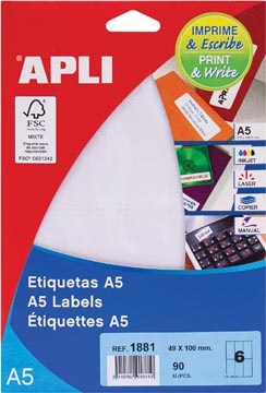 Apli Apli witte etiketten Print & Write ft 49 x 100 mm (b x h), 90 stuks, 6 per blad (1881)