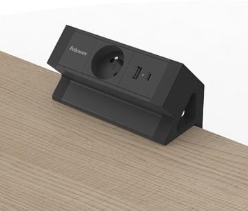 Fellowes contactdoos Power Desk, 1 stopcontact + 1 x USB-A + 1 x USB-C, zwart, voor België