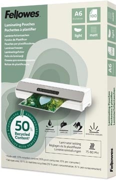 Fellowes lamineerhoes 50 % gerecycleerd, mat, ft A6, pak van 100 stuks