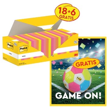 Post-it Actie Post-It: 1 x Notes, 100 vel, 76x76, assorti, 18 (+ 6 gratis) +1 x GRATIS voetbal