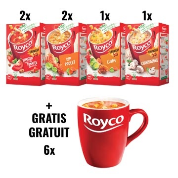 Royco ACTIE ROYCO: 2 x tomaat balletjes, 2 x kip, 1 x curry, 1 x champignons + 1 x 6 tassen GRATIS