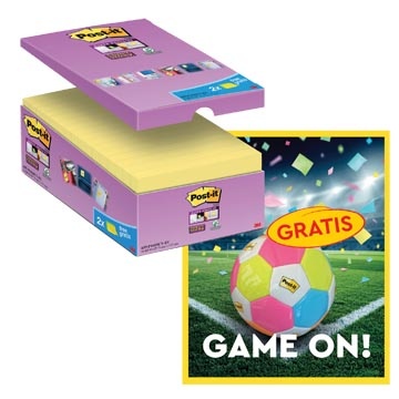 Post-It Super Sticky Actie Post-It: 1 x Super Sticky notes, 90 vel, 76x127, geel, pak van 14 (+2 gratis) + 1 x GRATIS voetbal