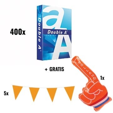 Double A ACTIE: 400 x Double A printpapier A4, 80 g + GRATIS 5 x Vlaggenlijn + GRATIS 1 x Oranje hand