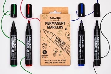 Artline Artline permanent marker Drysafe 170 Eco-Green, 2 mm, ronde punt, assortie, blister van 4 stuks