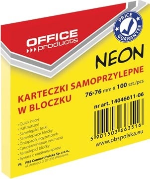 Office Products OFFICE products memoblok Neon, 76 x 76 mm, 100 vel, neongeel