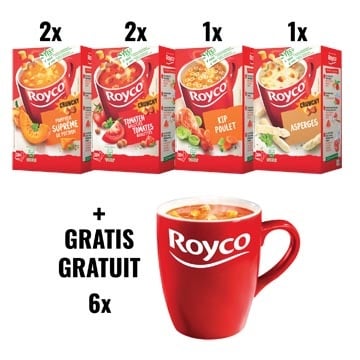 Royco ACTIE ROYCO: 2 x pompoen, 2 x tomaat balletjes, 1 x kip, 1 x asperges + 1 x 6 tassen GRATIS