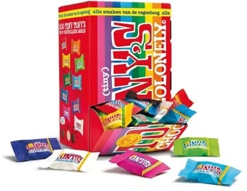 Tony's Chocolonely Tony's Chocolonely mini chocoladereep, 900g, doos van 100 stuks apart verpakt, mix