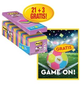 Post-It Super Sticky Actie Post-It: 1 x Super Sticky notes, 90 vel, 76x76, assort, pak van 21 (+3 gratis) + 1 x GRATIS voetbal