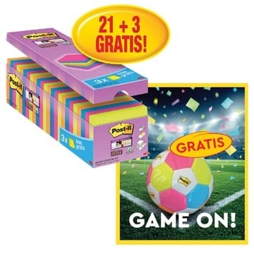 Post-It Super Sticky Actie Post-It: 1 x Super Sticky notes, 90 vel, 76x76, assort, pak van 21 (+3 gratis) + 1 x GRATIS voetbal