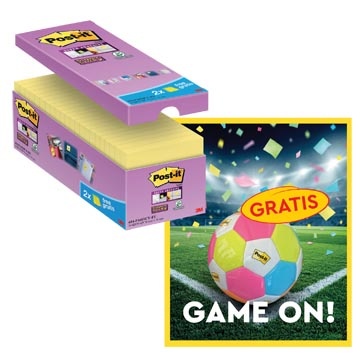 Post-It Super Sticky Actie Post-It: 1 x Super Sticky notes, 90 vel, 76x76, geel, pak van 14 (+2 gratis) + 1 x GRATIS voetbal