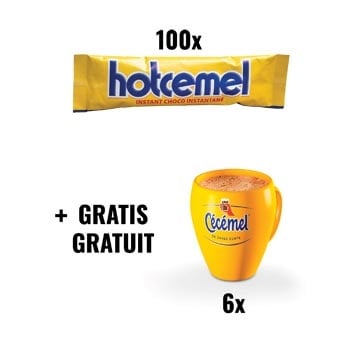 Hotcémel Actie Hotcemel: 1 x Hotcemel chocoladepoeder, 30g, pak van 100 (Ref. 46820) + GRATIS 1 x pak van 6 tassen